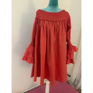 Coral Smocked Off-Shoulder Mini Dress | Tiered Ruffle Sleeve romantic barbiecore